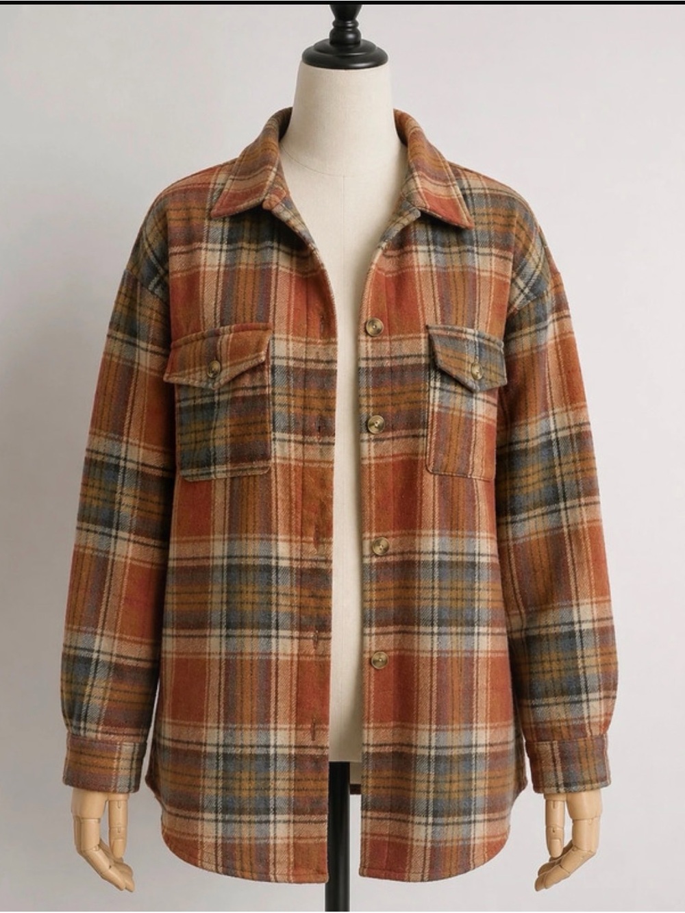 Plaid Button-Up Shacket Jacket in Rust Multi
